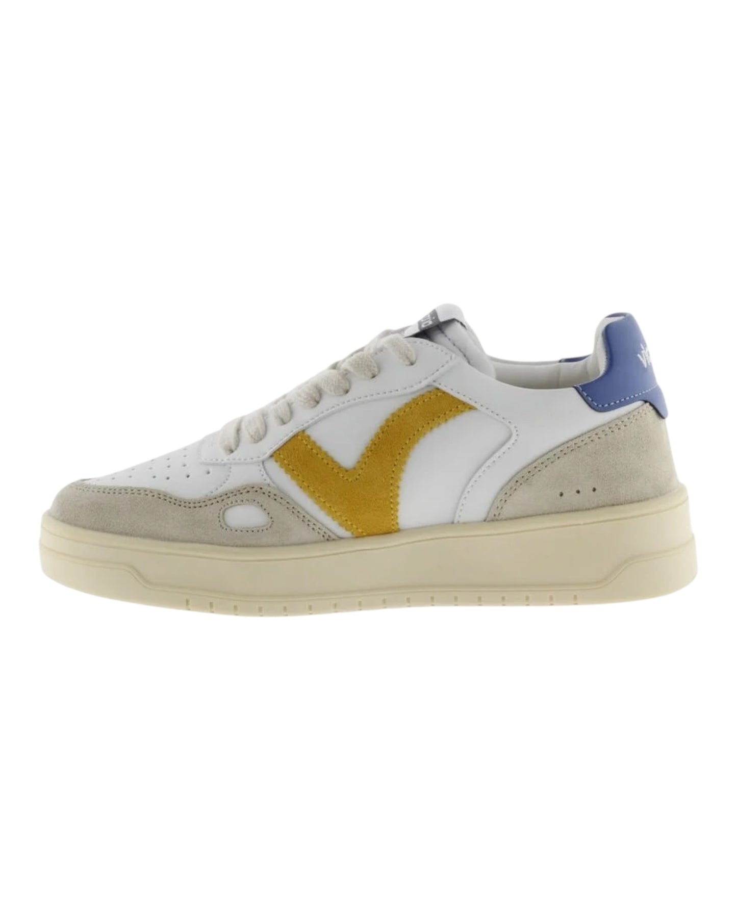 VICTORIA 7101125 SNEAKERS IN PELLE E CAMOSCIO BIANCA TALLONCINO BLU LOGO SENAPE