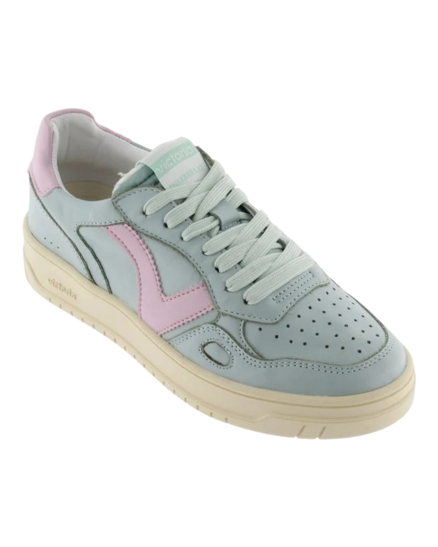 VICTORIA 7132125D SNEAKERS IN PELLE AZZURRA CON LOGO E TALLONCINO ROSA