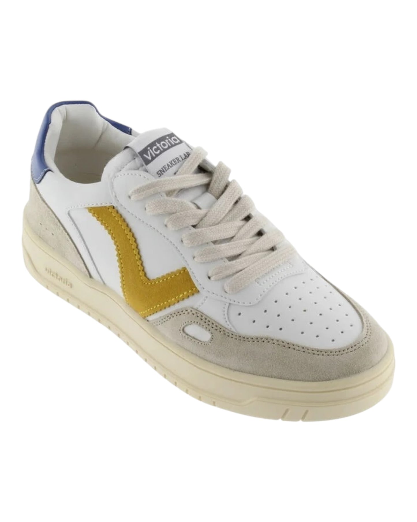 VICTORIA 7101125 SNEAKERS IN PELLE E CAMOSCIO BIANCA TALLONCINO BLU LOGO SENAPE
