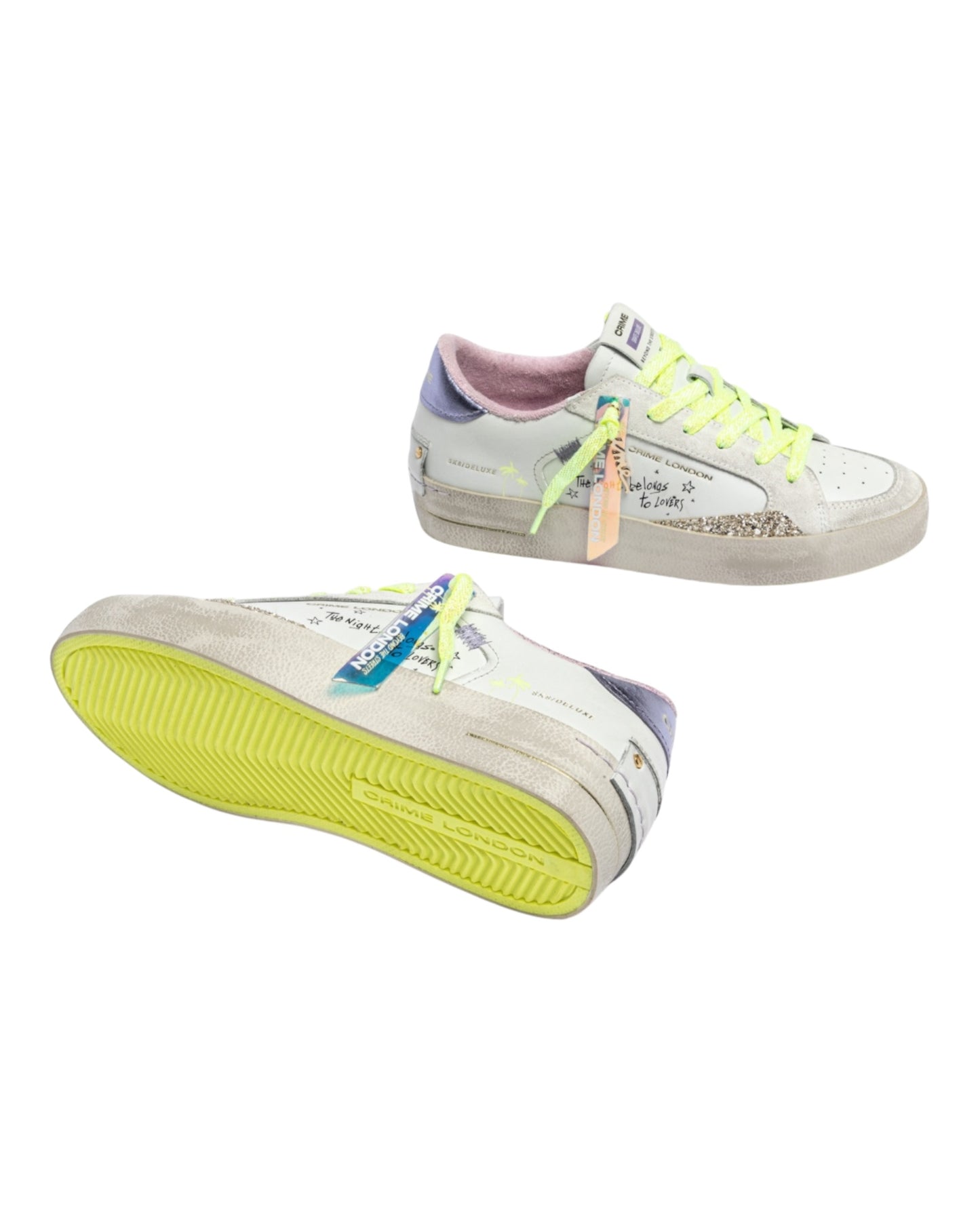 CRIME LONDON SK8 DELUXE IN PELLE BIANCA TALLONCIONO VIOLA E GLITTER ORO