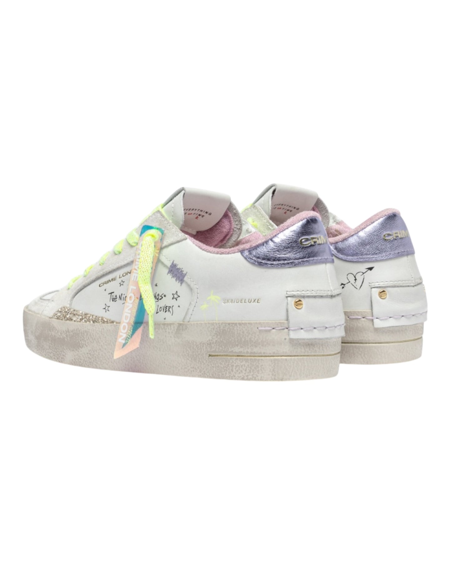 CRIME LONDON SK8 DELUXE IN PELLE BIANCA TALLONCIONO VIOLA E GLITTER ORO