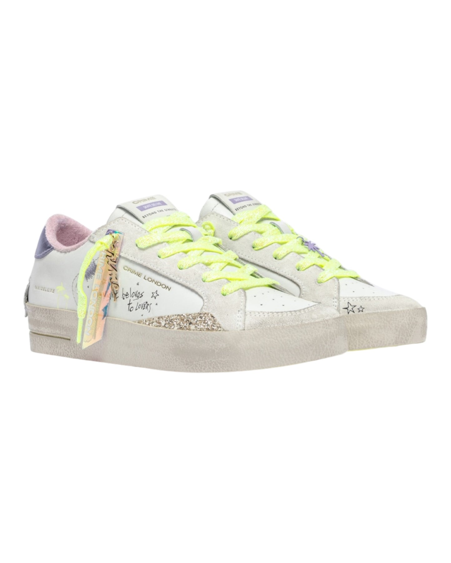 CRIME LONDON SK8 DELUXE IN PELLE BIANCA TALLONCIONO VIOLA E GLITTER ORO