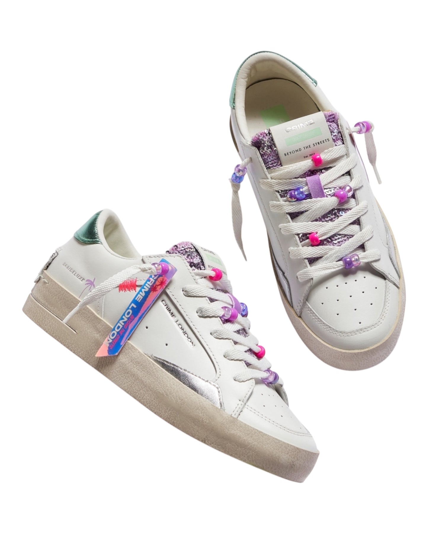 CRIME LONDON SK8 DELUXE IN PELLE BIANCA TALLONCINO VERDE LINGUETTA IN GLITTER