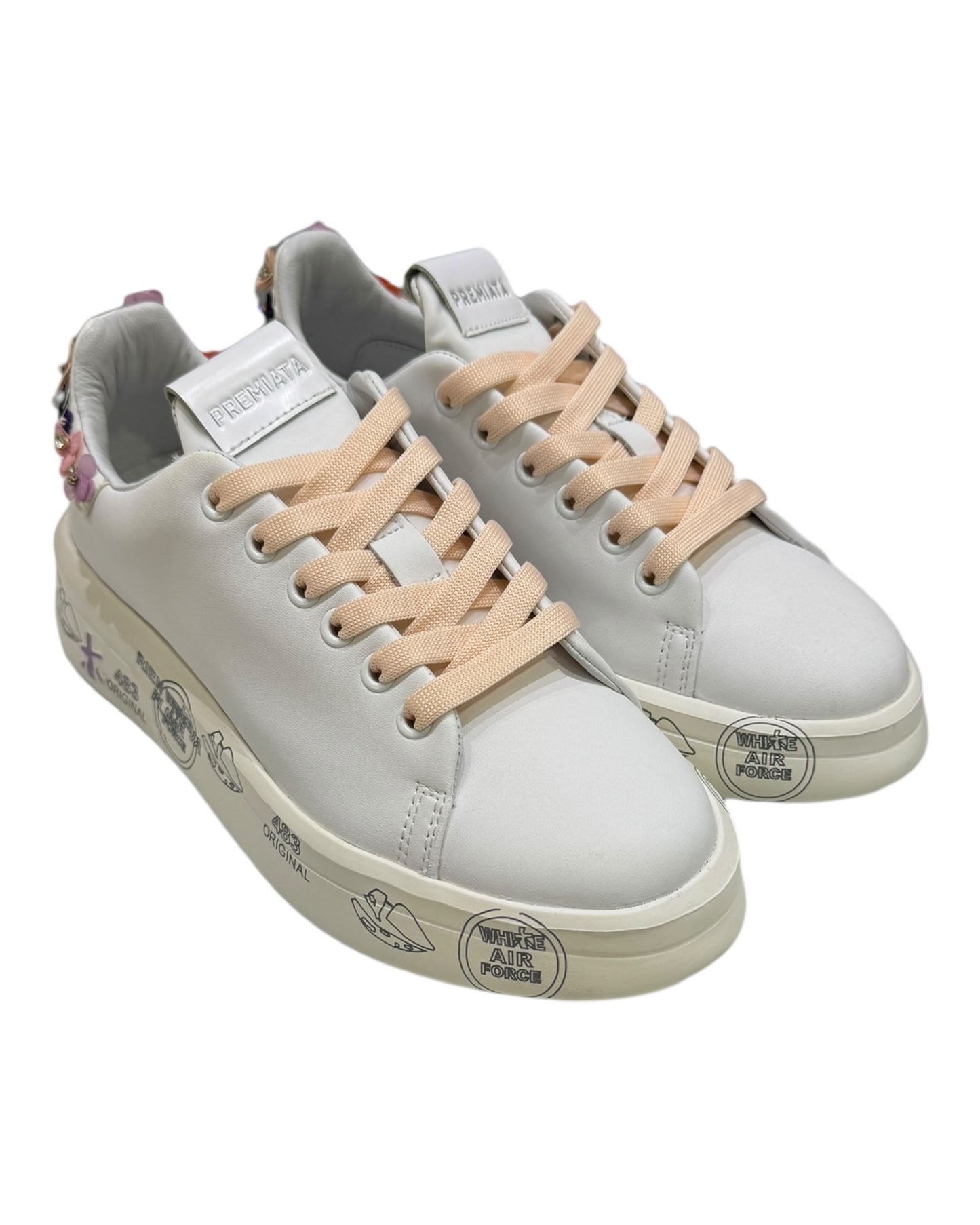 PREMIATA BELLE 6709 PELLE BIANCA TALLONCINO FLOWER