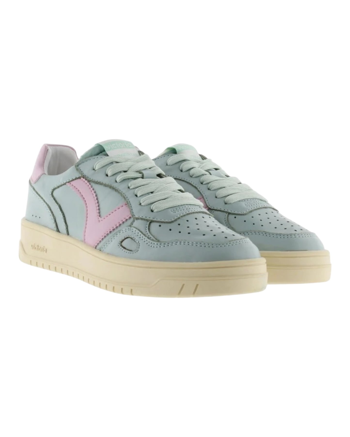 VICTORIA 7132125D SNEAKERS IN PELLE AZZURRA CON LOGO E TALLONCINO ROSA