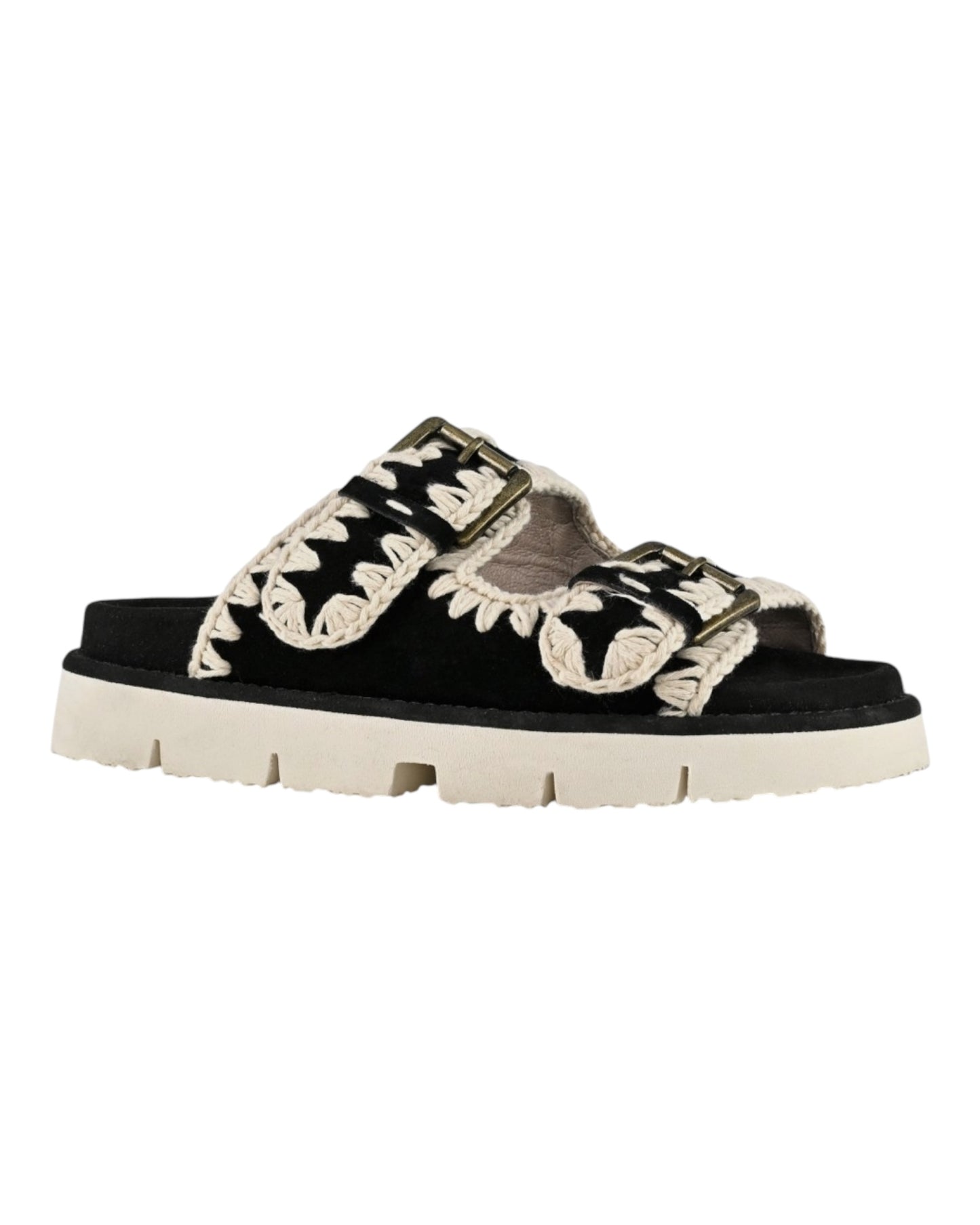 MOU SANDAL TWO BUCKLE IN SUEDE NERO BKWHI