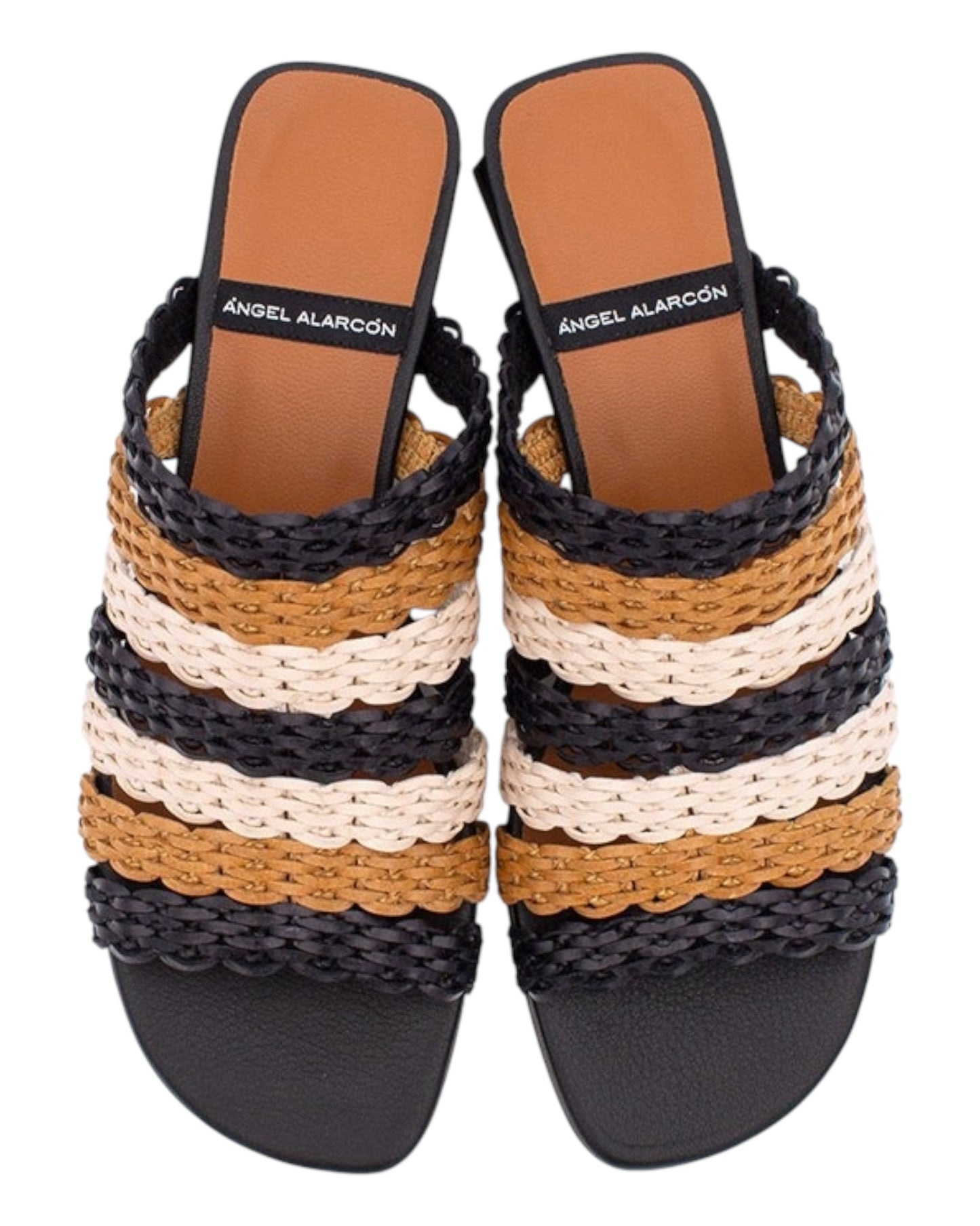ANGEL ALARCON 122528R CIABATTA INTRECCIATA MULTICOLOR NERA/PANNA/CUOIO CON TACCHETTO QUADRATO