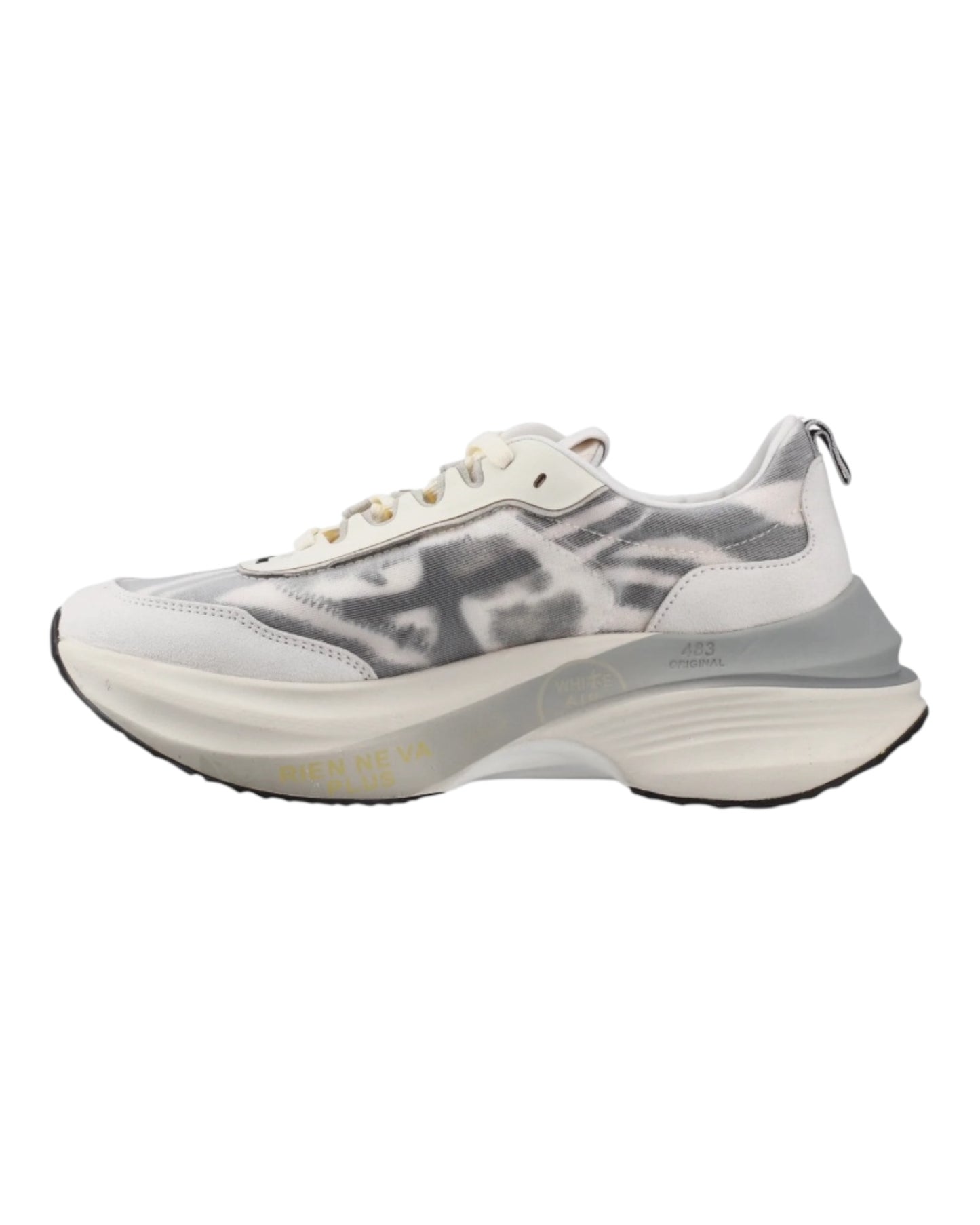 PREMIATA 7507 HILL IN CAMOSCIO E TESSUTO BIANCO SOTTO TELA ANIMALIER