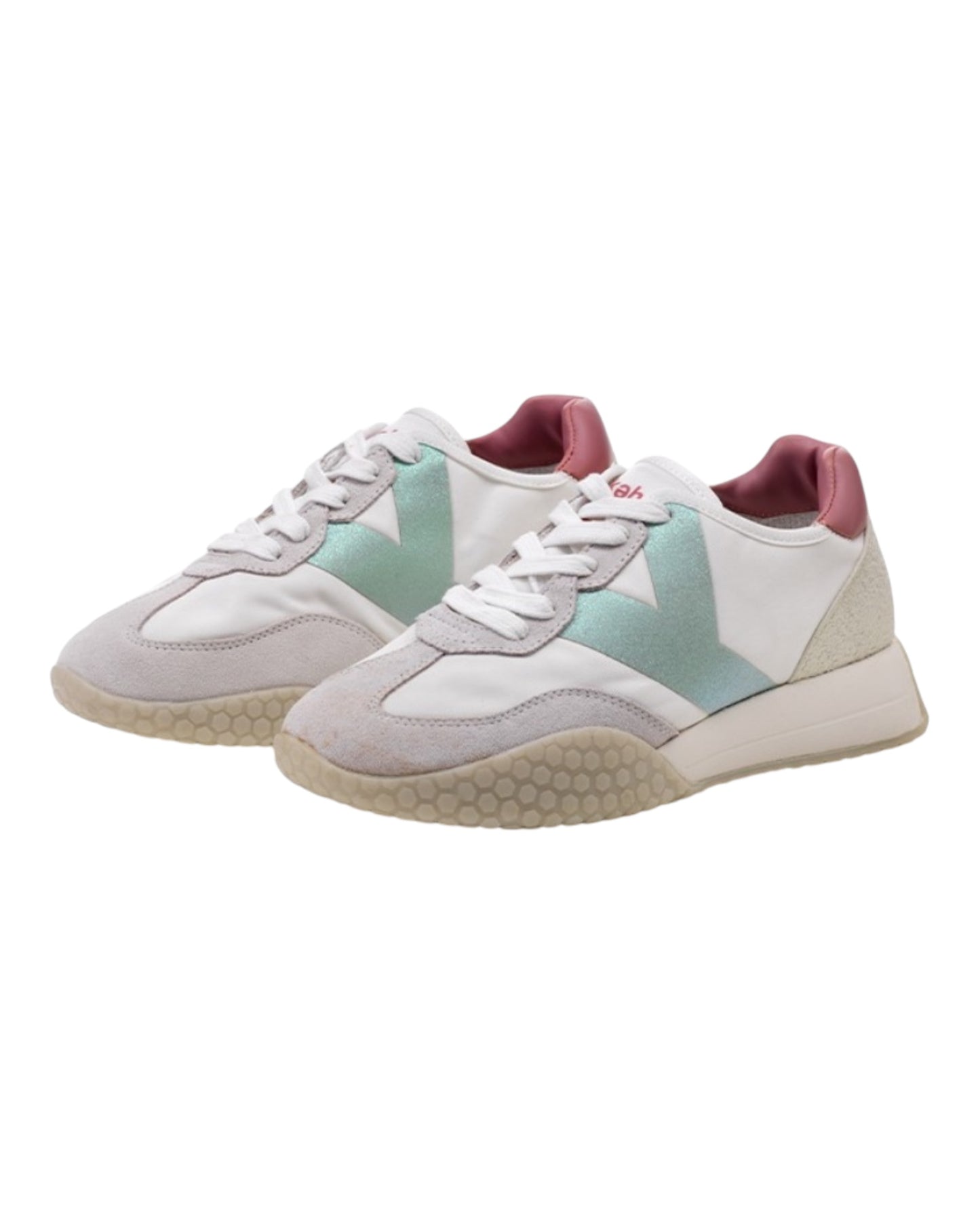 KEH-NOO 9313 SNEKAERS IN CAMOSCIO E TESSUTO BIANCA/ROSA LOGO VERDE