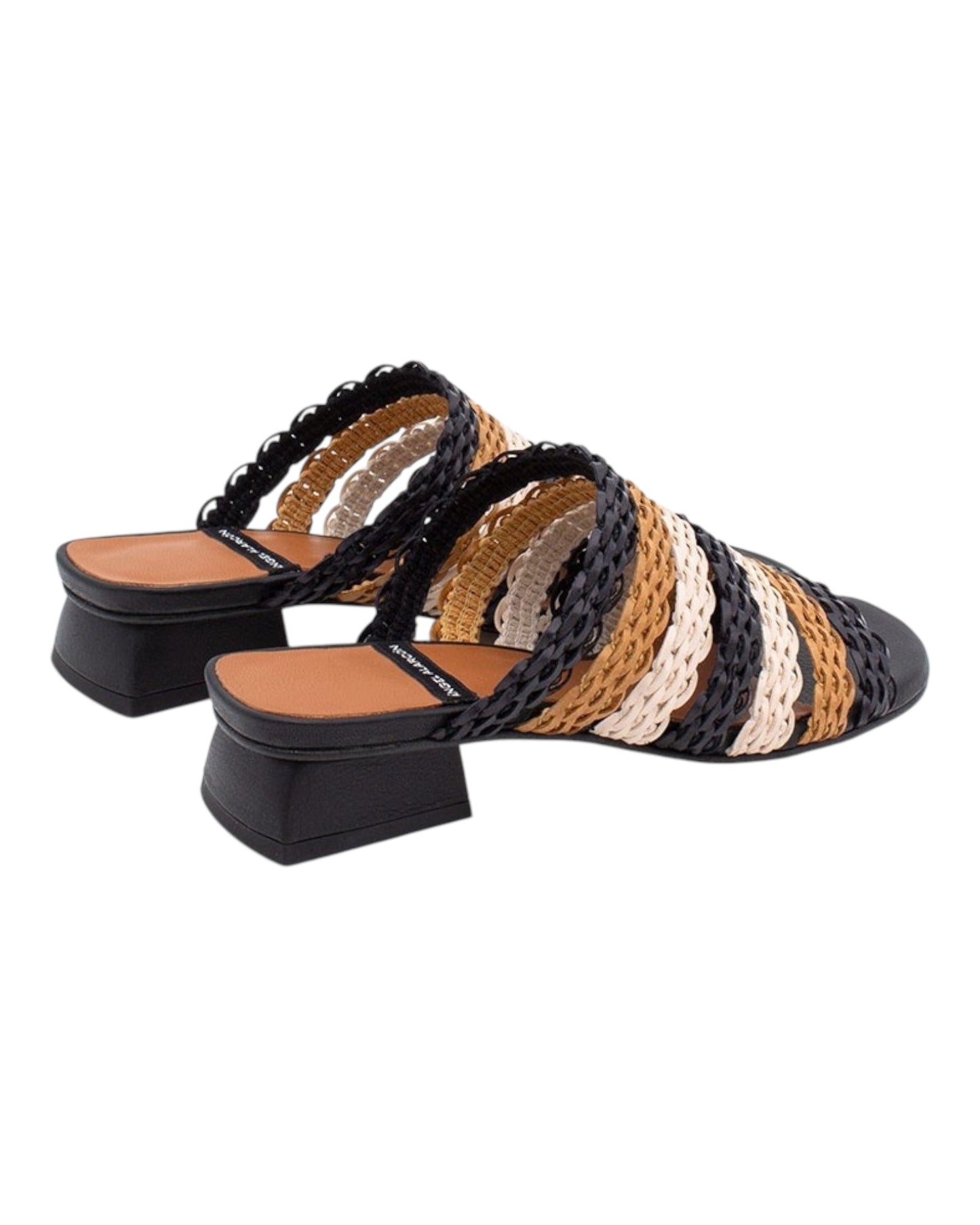 ANGEL ALARCON 122528R CIABATTA INTRECCIATA MULTICOLOR NERA/PANNA/CUOIO CON TACCHETTO QUADRATO