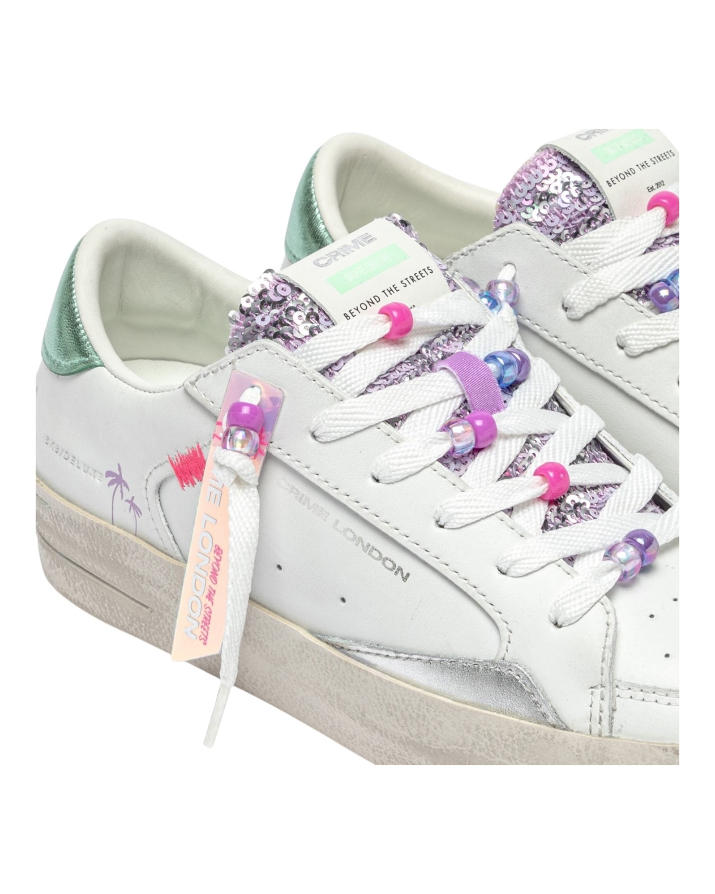 CRIME LONDON SK8 DELUXE IN PELLE BIANCA TALLONCINO VERDE LINGUETTA IN GLITTER