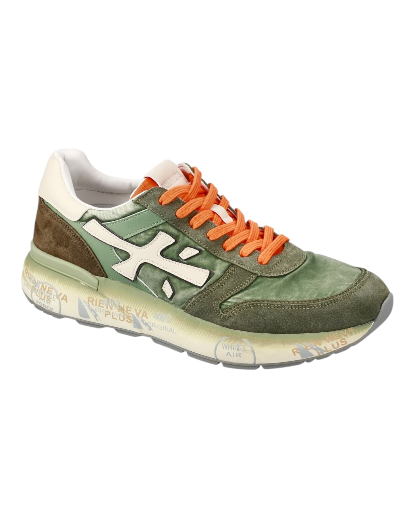 PREMIATA MICK 7244 IN CAMOSCIO E TESSUTO VERDE LACCI ARANCIO