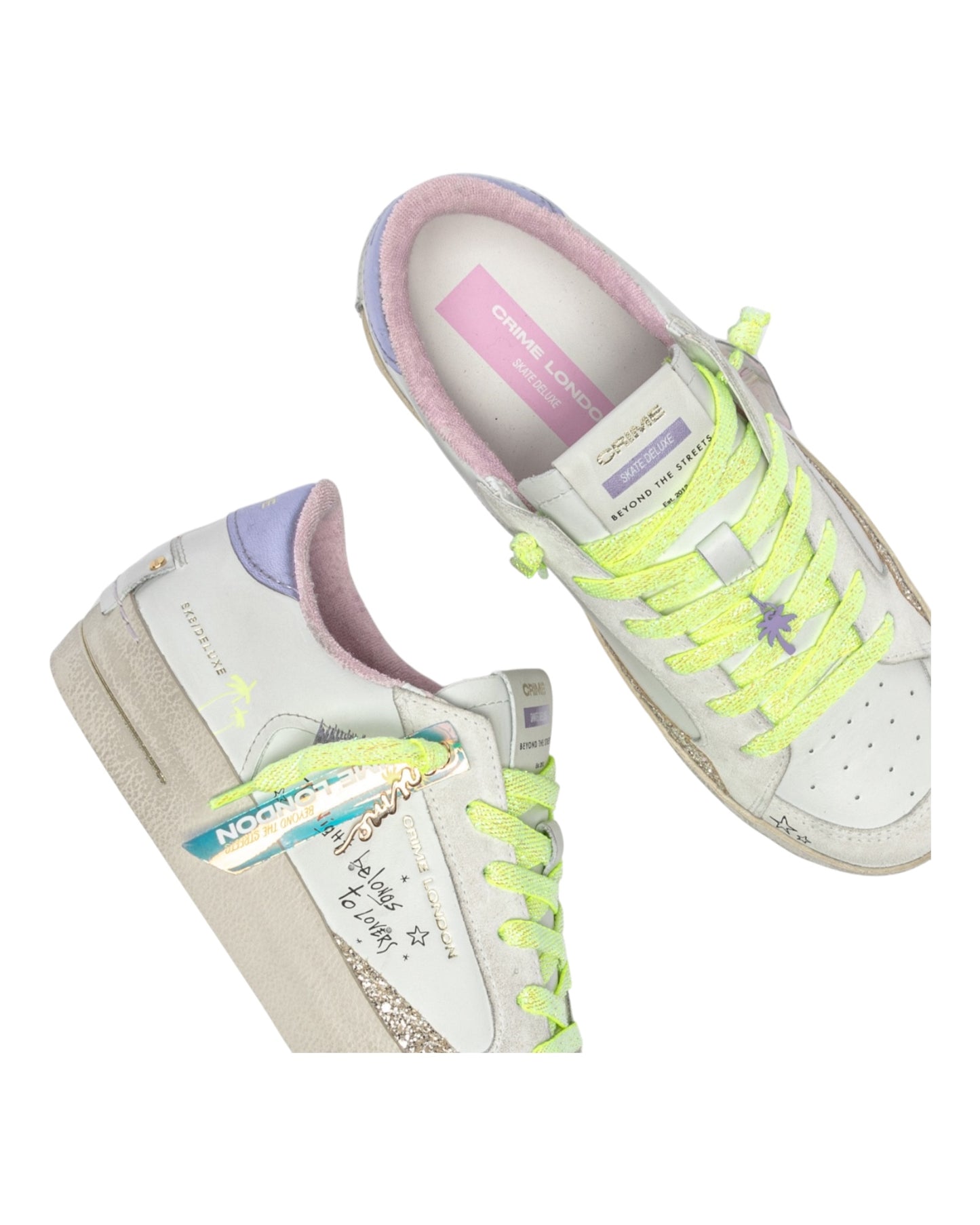 CRIME LONDON SK8 DELUXE IN PELLE BIANCA TALLONCIONO VIOLA E GLITTER ORO