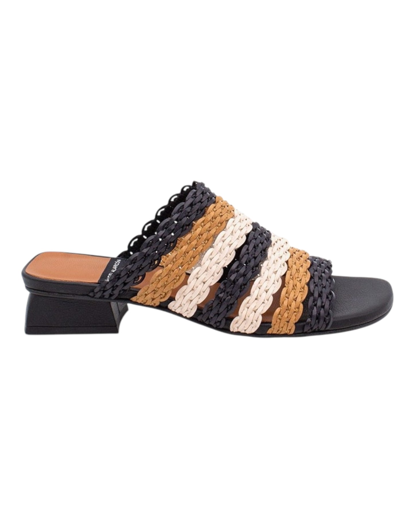 ANGEL ALARCON 122528R CIABATTA INTRECCIATA MULTICOLOR NERA/PANNA/CUOIO CON TACCHETTO QUADRATO