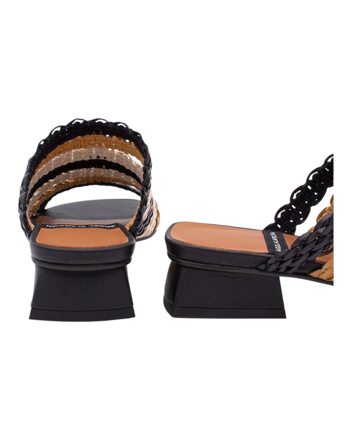 ANGEL ALARCON 122528R CIABATTA INTRECCIATA MULTICOLOR NERA/PANNA/CUOIO CON TACCHETTO QUADRATO