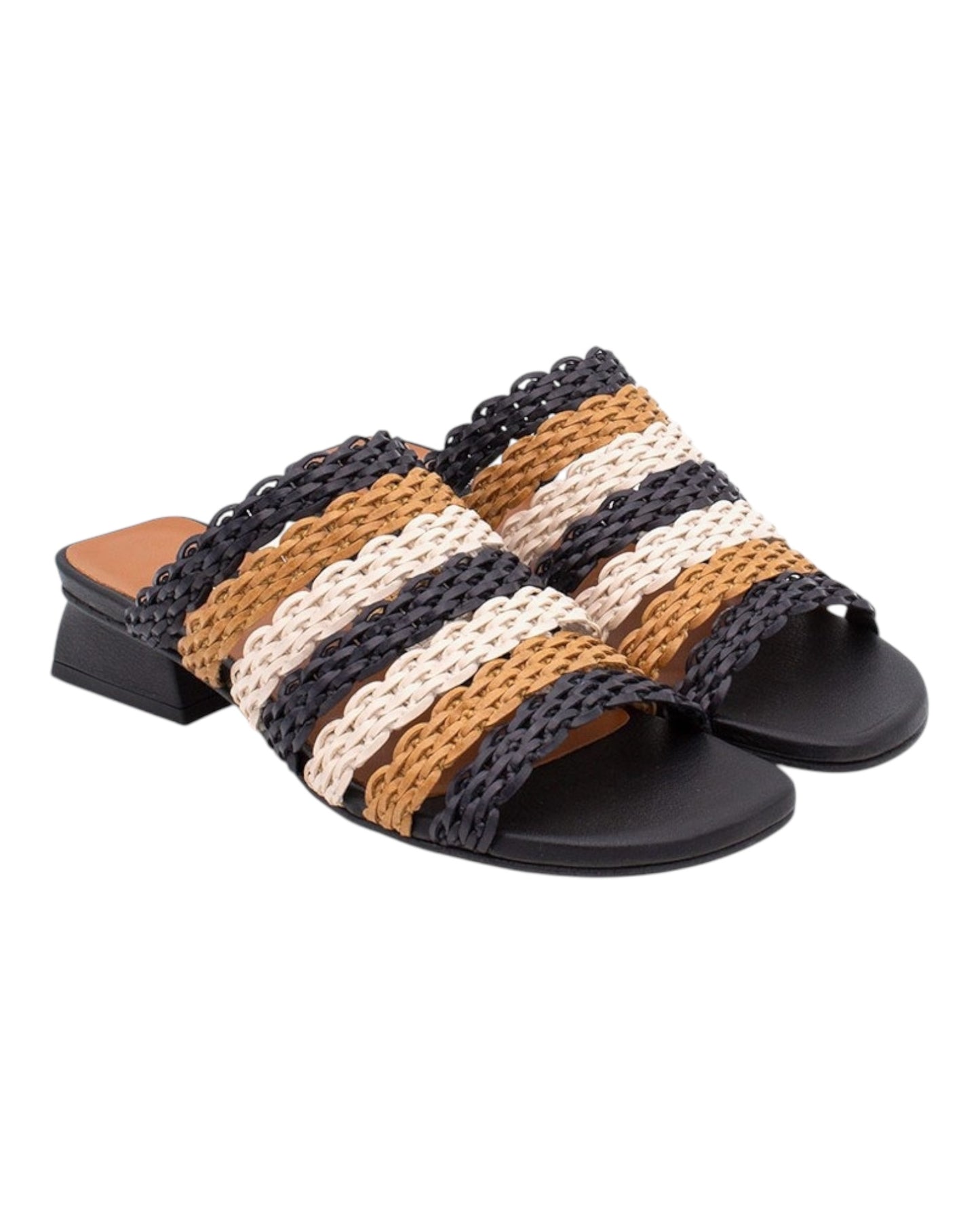 ANGEL ALARCON 122528R CIABATTA INTRECCIATA MULTICOLOR NERA/PANNA/CUOIO CON TACCHETTO QUADRATO