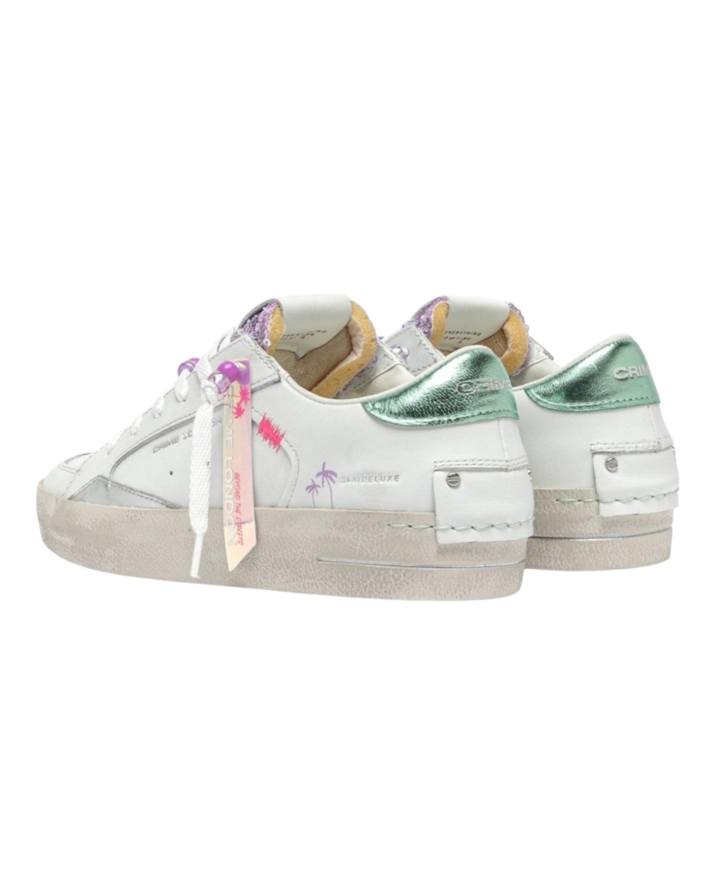 CRIME LONDON SK8 DELUXE IN PELLE BIANCA TALLONCINO VERDE LINGUETTA IN GLITTER