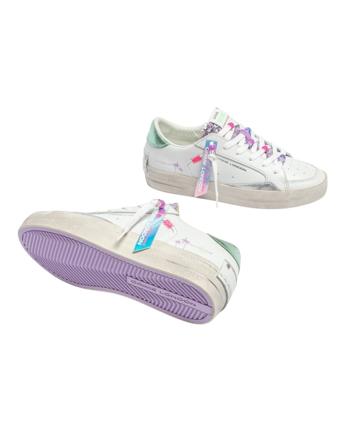 CRIME LONDON SK8 DELUXE IN PELLE BIANCA TALLONCINO VERDE LINGUETTA IN GLITTER
