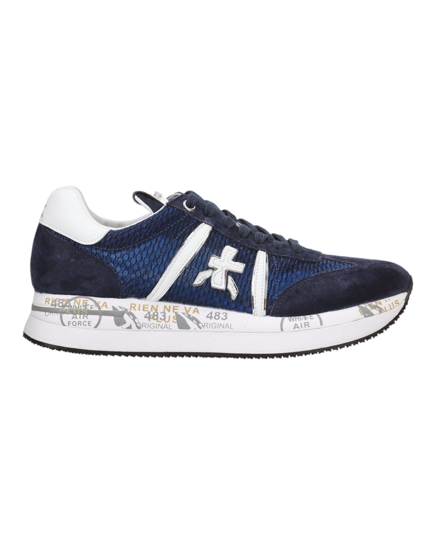 PREMIATA CONNY 7368 IN CAMOSCIO E TESSUTO BLU/ARGENTO