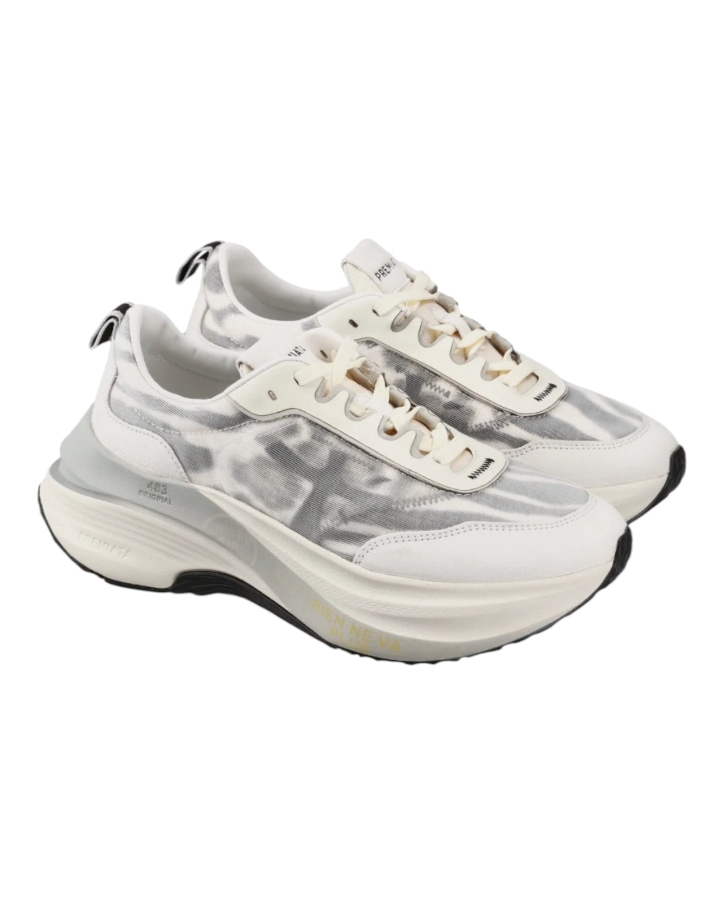 PREMIATA 7507 HILL IN CAMOSCIO E TESSUTO BIANCO SOTTO TELA ANIMALIER