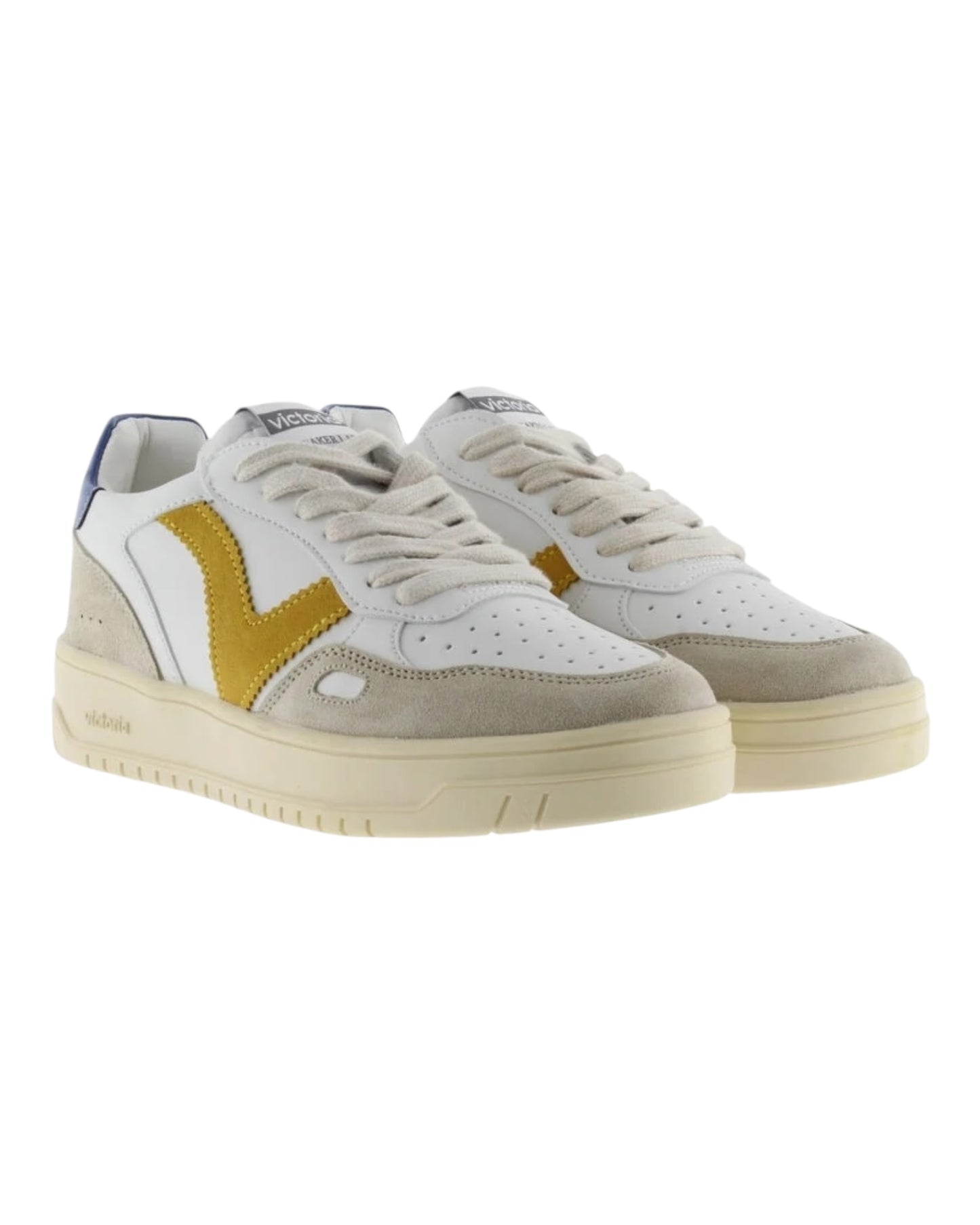 VICTORIA 7101125 SNEAKERS IN PELLE E CAMOSCIO BIANCA TALLONCINO BLU LOGO SENAPE