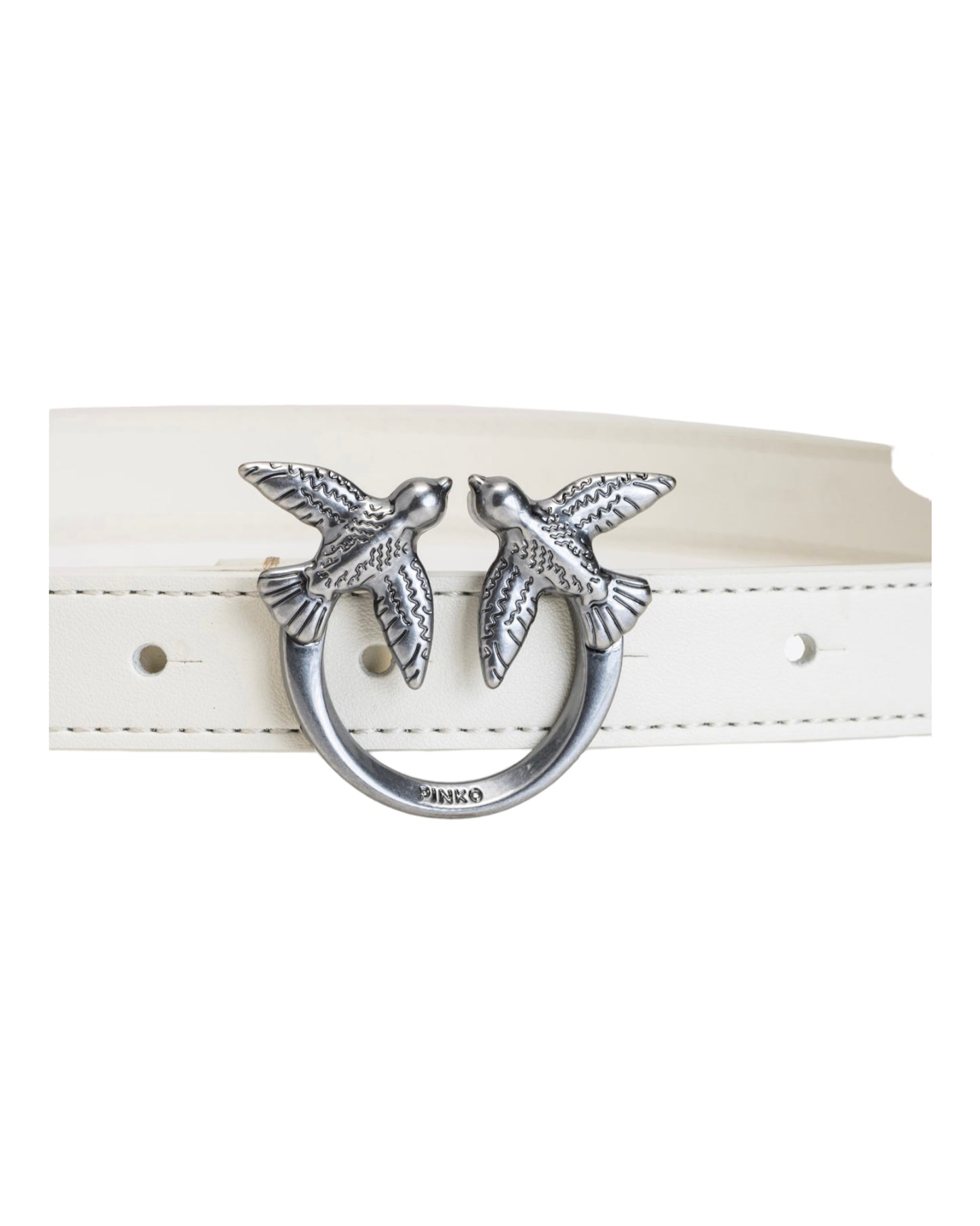 PINKO CINTURA 2CM LOVE BIRDS ARGENTO IN PELLE BIANCA