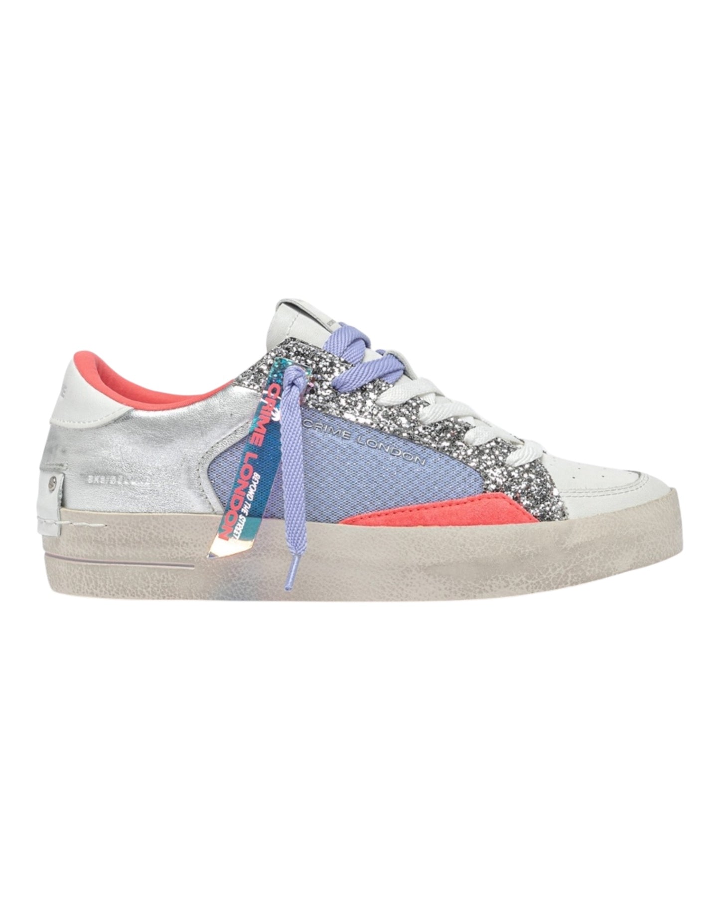 CRIME LONDON SK8 IN PELLE BIANCA GLITTER ARGENTO