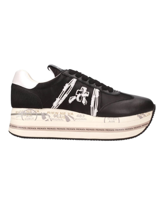 PREMIATA BETH 6953 IN PELLE NERA INSERTI BEIGE TALLONE IN CAVALLINO