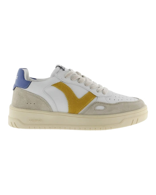 VICTORIA 7101125 SNEAKERS IN PELLE E CAMOSCIO BIANCA TALLONCINO BLU LOGO SENAPE