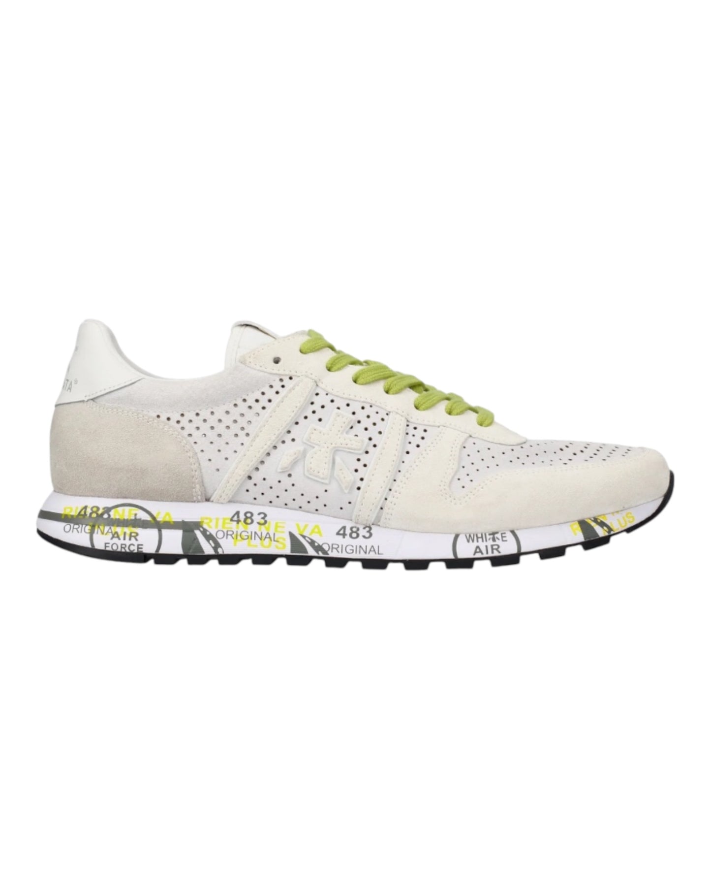 PREMIATA ERIC 7268 IN CAMOSCIO TRAFORATO BIANCO LACCI FLUO