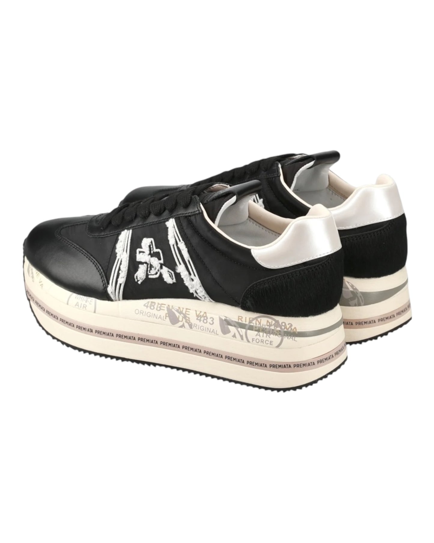 PREMIATA BETH 6953 IN PELLE NERA INSERTI BEIGE TALLONE IN CAVALLINO