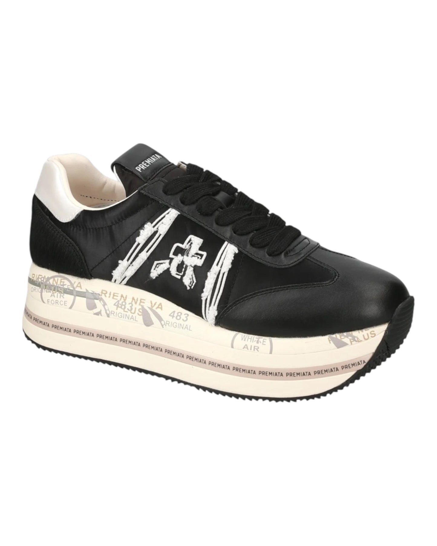 PREMIATA BETH 6953 IN PELLE NERA INSERTI BEIGE TALLONE IN CAVALLINO