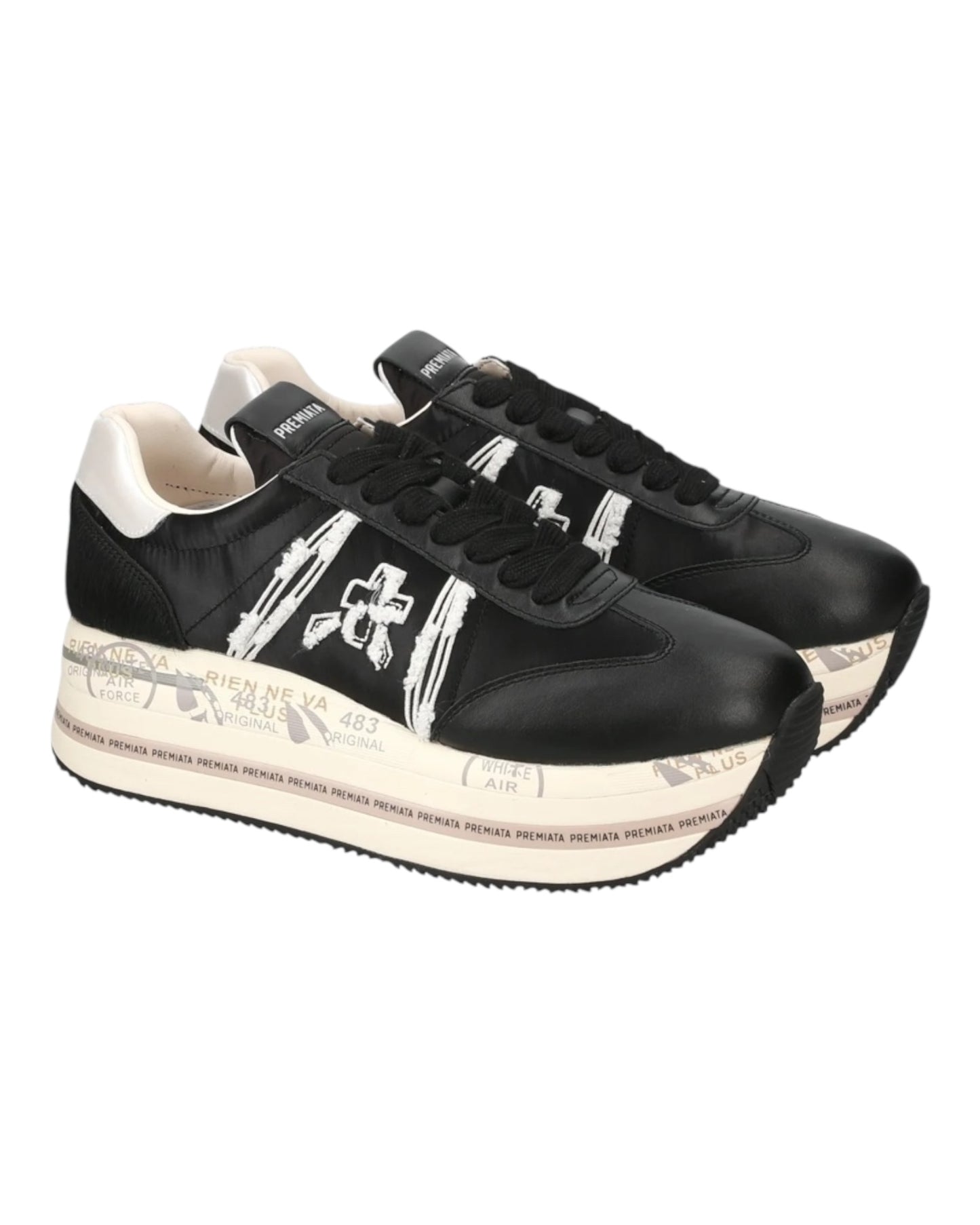 PREMIATA BETH 6953 IN PELLE NERA INSERTI BEIGE TALLONE IN CAVALLINO