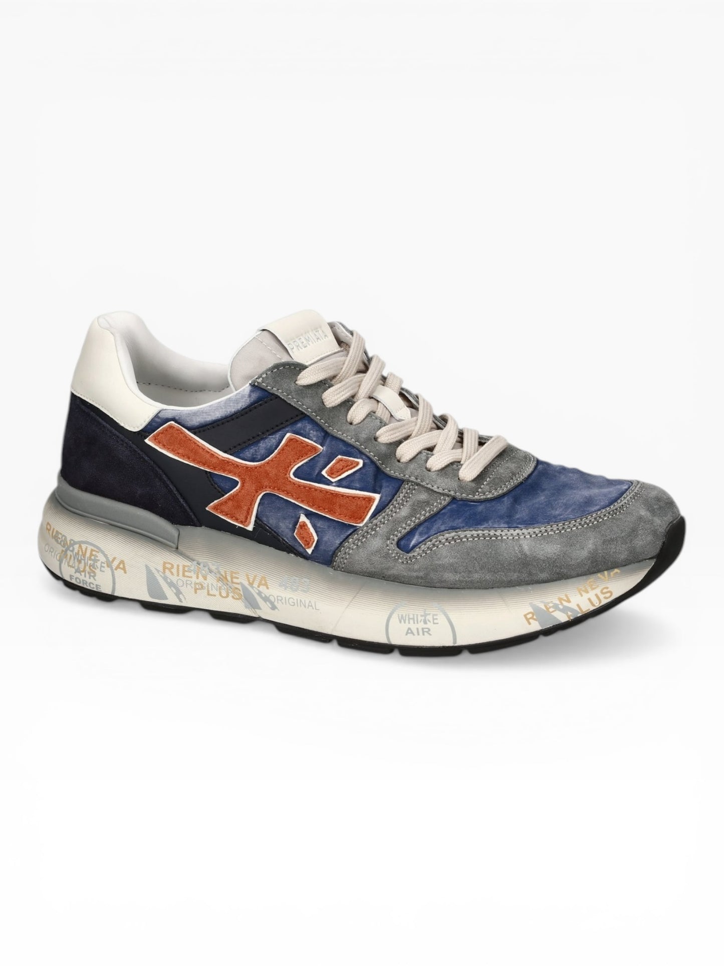 PREMIATA 7215 MCIK IN CAMOSCIO E TESSUTO AZZURRO/GRIGIO/ARANCIO