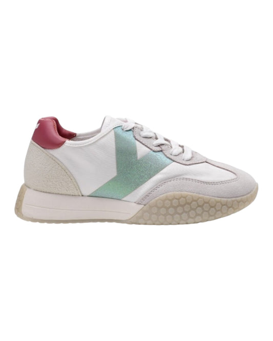 KEH-NOO 9313 SNEKAERS IN CAMOSCIO E TESSUTO BIANCA/ROSA LOGO VERDE
