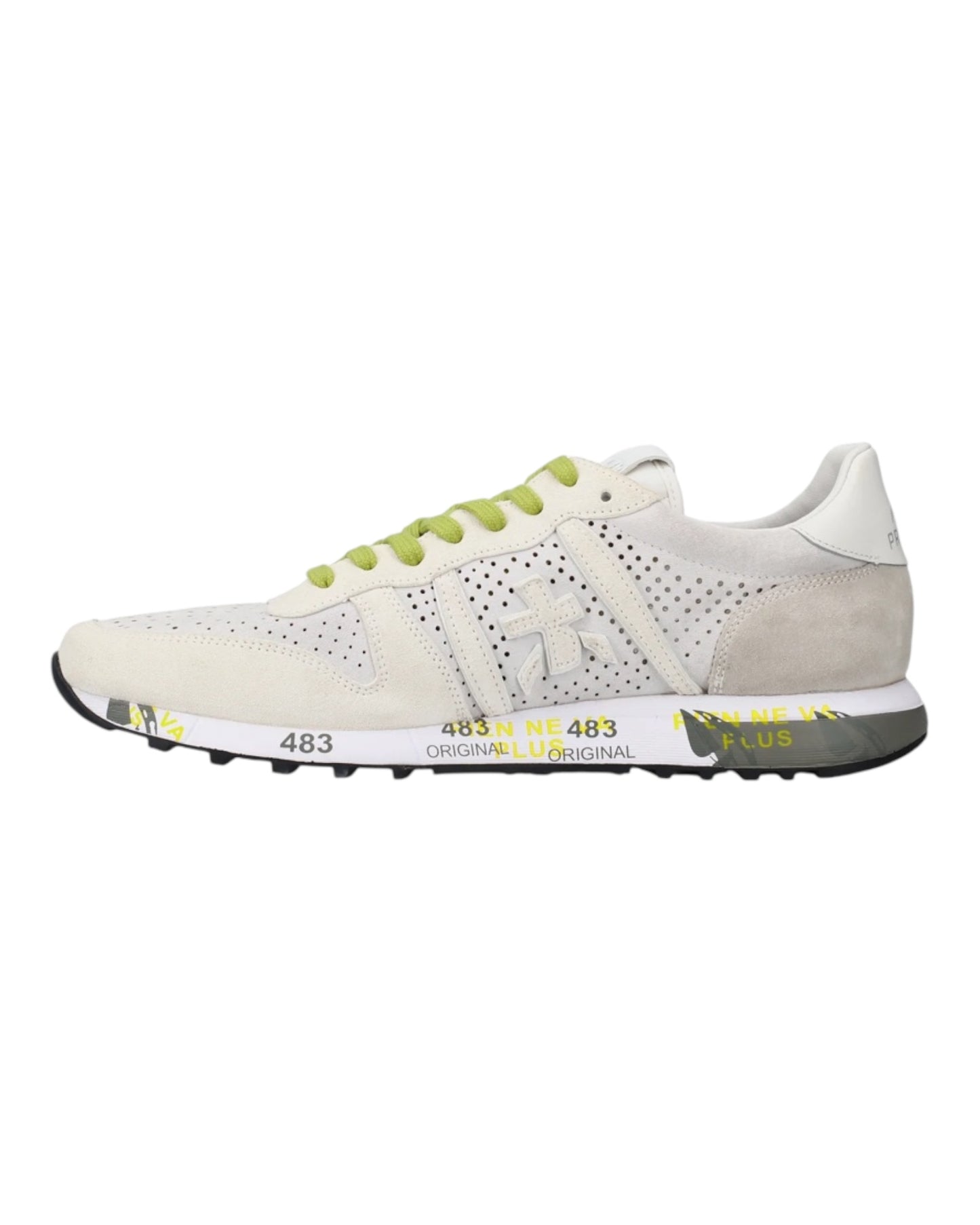 PREMIATA ERIC 7268 IN CAMOSCIO TRAFORATO BIANCO LACCI FLUO