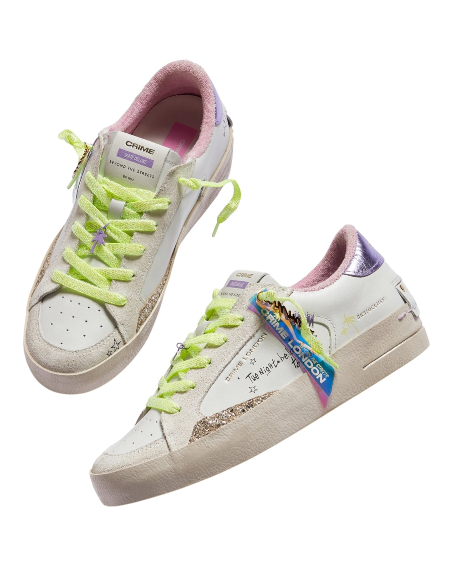 CRIME LONDON SK8 DELUXE IN PELLE BIANCA TALLONCIONO VIOLA E GLITTER ORO