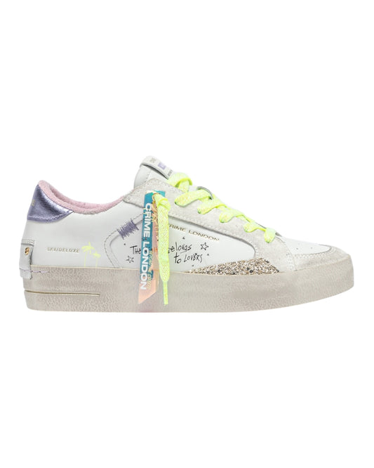 CRIME LONDON SK8 DELUXE IN PELLE BIANCA TALLONCIONO VIOLA E GLITTER ORO