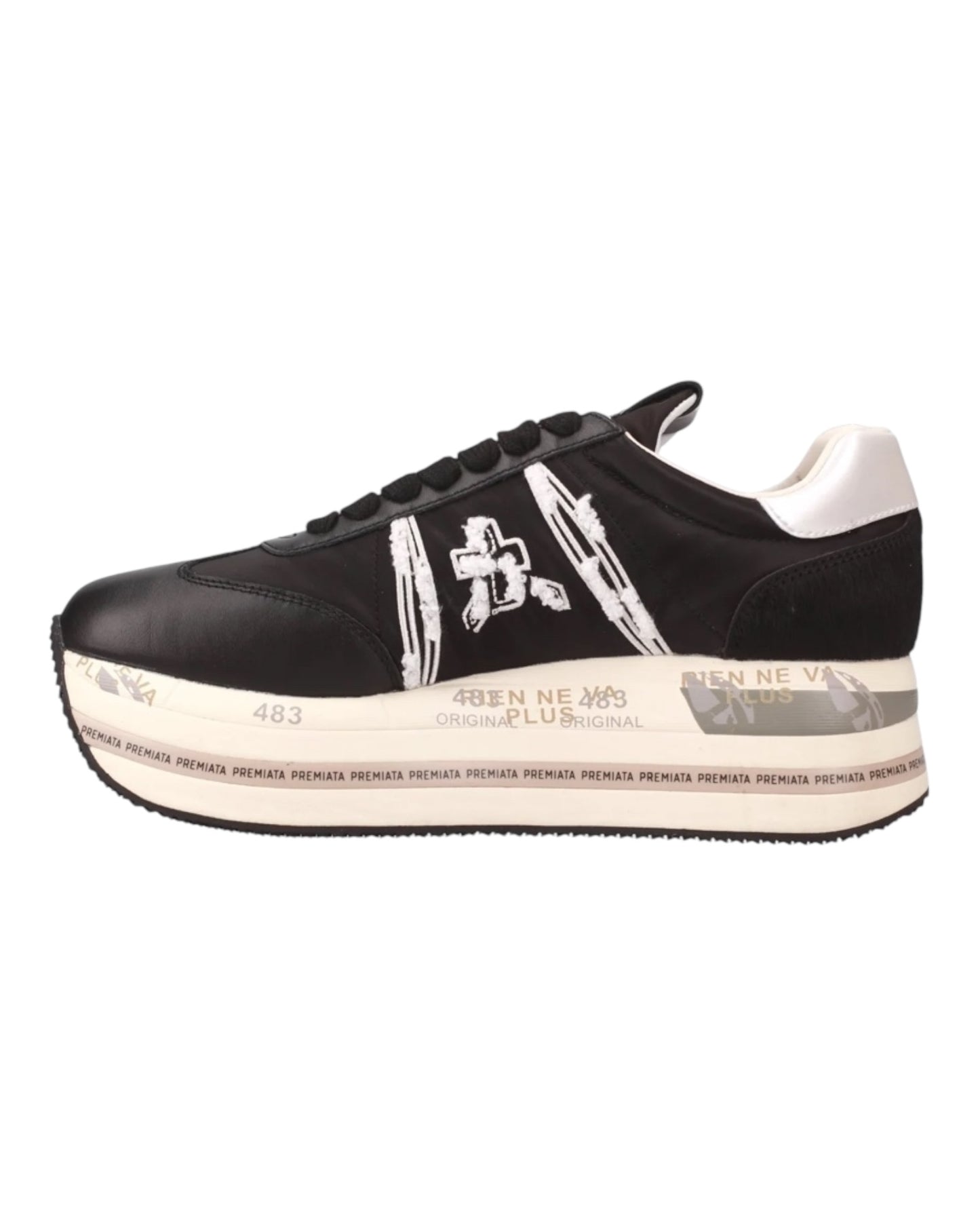 PREMIATA BETH 6953 IN PELLE NERA INSERTI BEIGE TALLONE IN CAVALLINO
