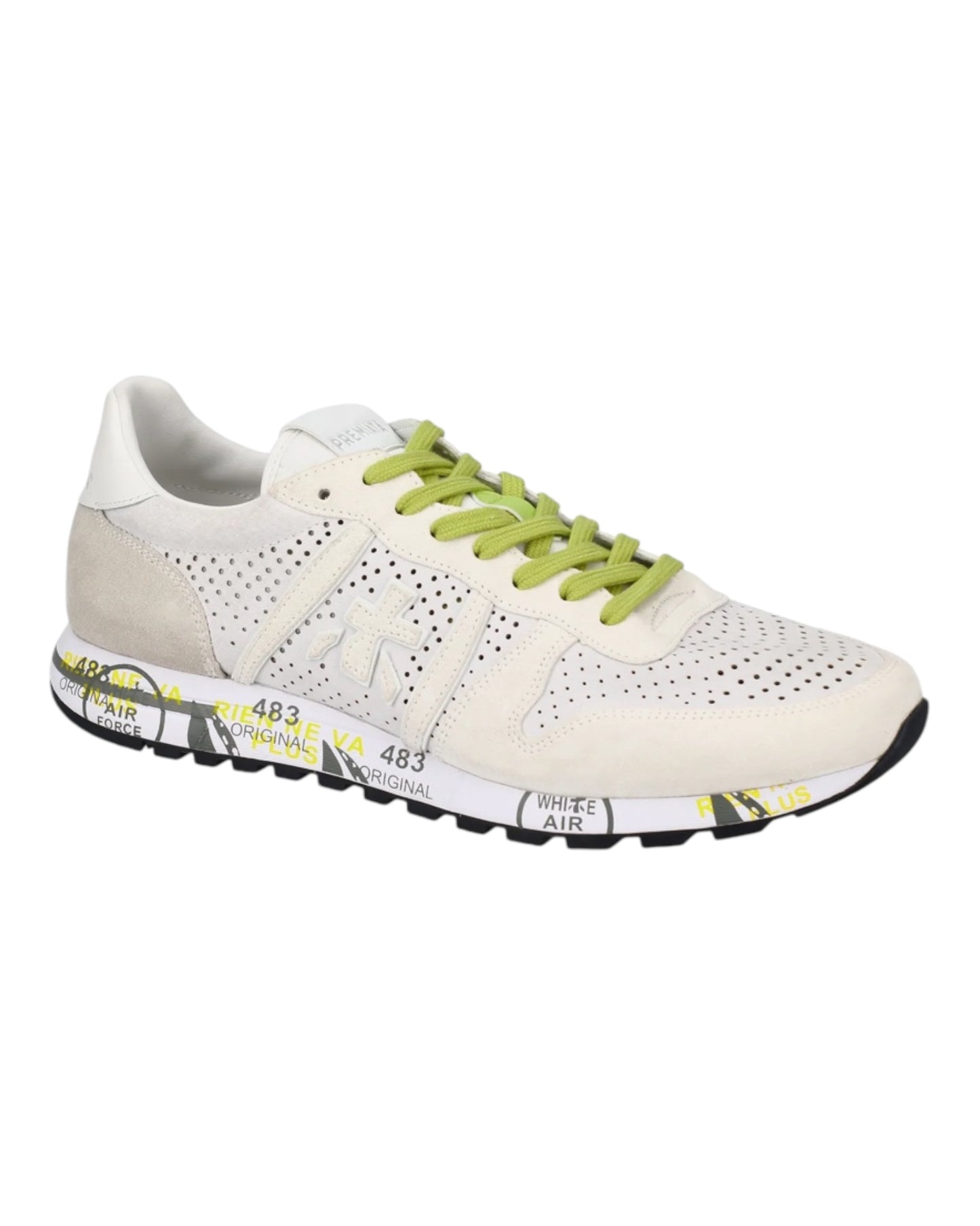 PREMIATA ERIC 7268 IN CAMOSCIO TRAFORATO BIANCO LACCI FLUO