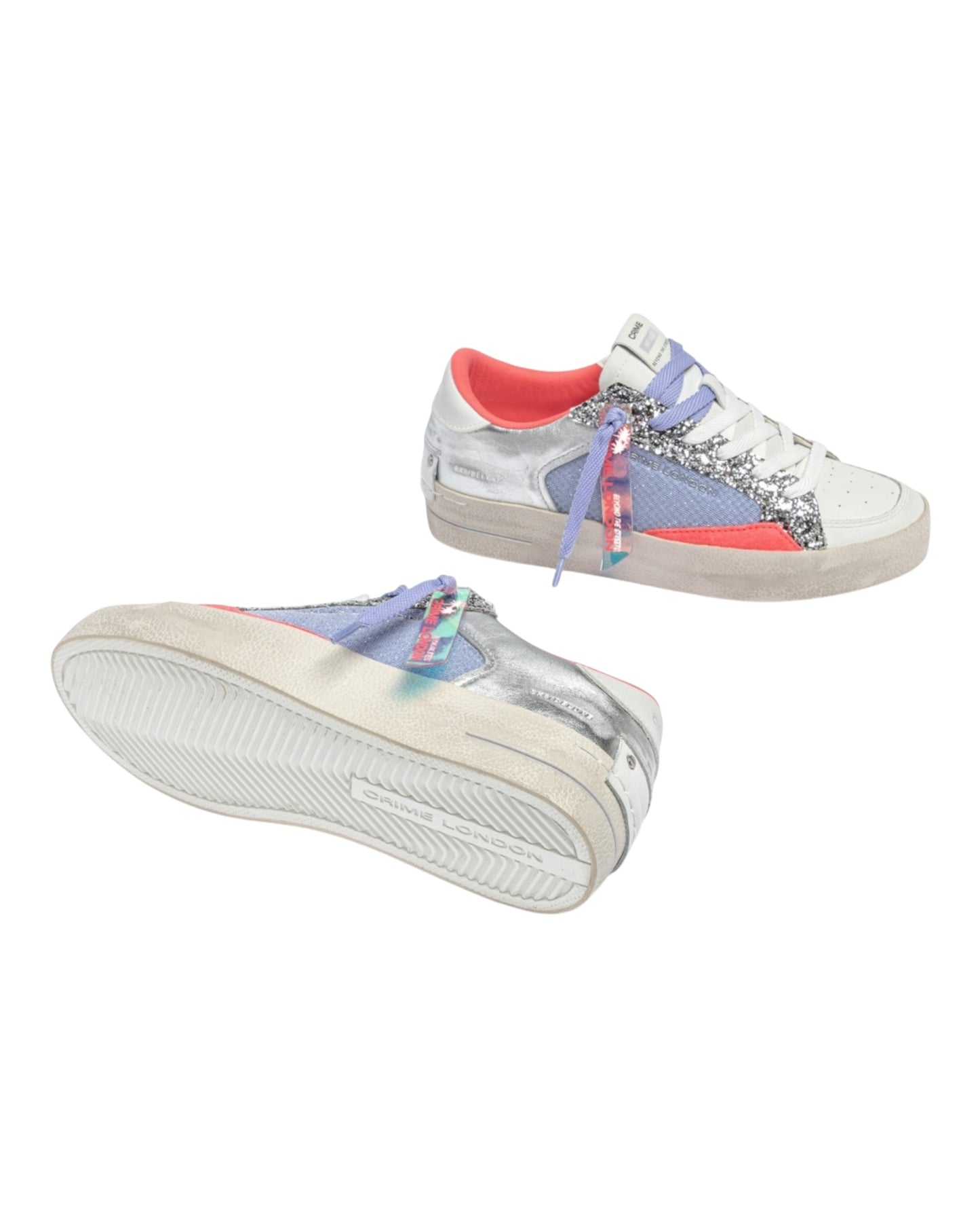 CRIME LONDON SK8 IN PELLE BIANCA GLITTER ARGENTO