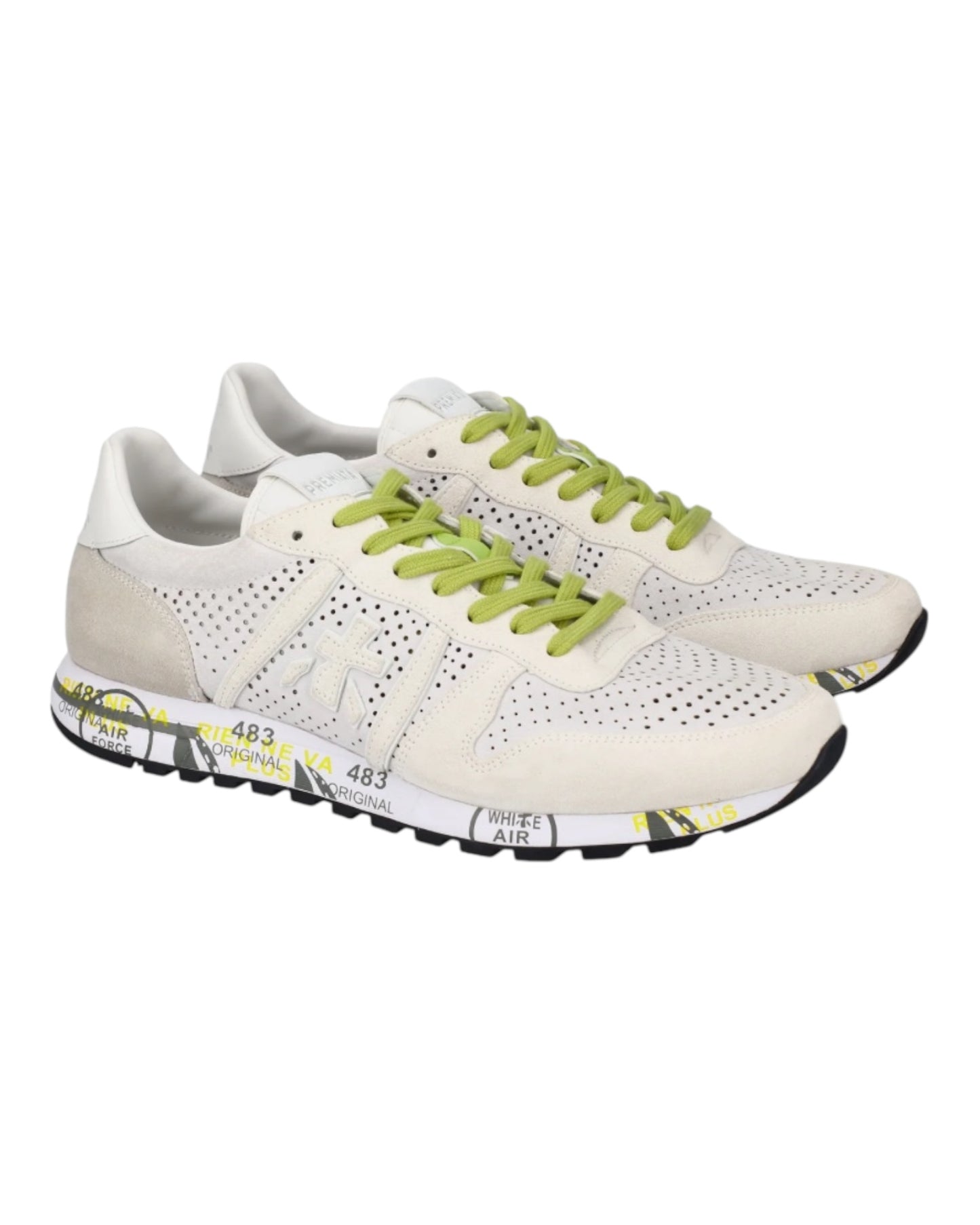 PREMIATA ERIC 7268 IN CAMOSCIO TRAFORATO BIANCO LACCI FLUO