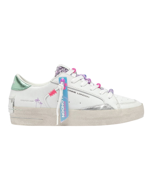 CRIME LONDON SK8 DELUXE IN PELLE BIANCA TALLONCINO VERDE LINGUETTA IN GLITTER