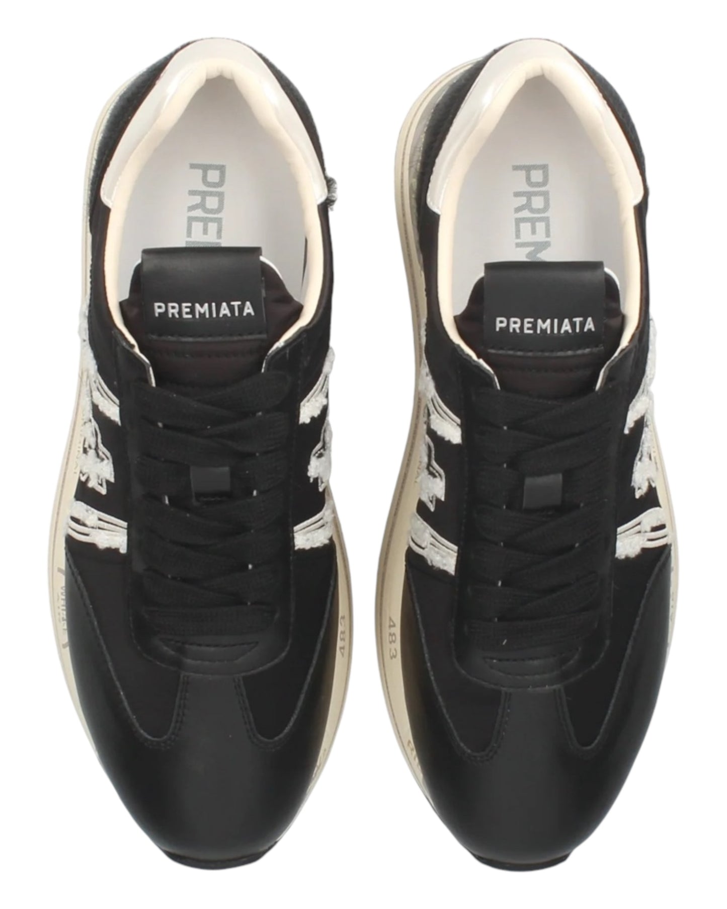 PREMIATA BETH 6953 IN PELLE NERA INSERTI BEIGE TALLONE IN CAVALLINO
